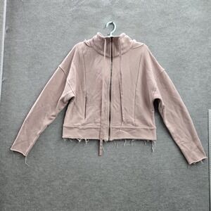 Alo Yoga Women Sweatshirt L Pink Crop Zipper Drawstring Raw Hem Cowl
